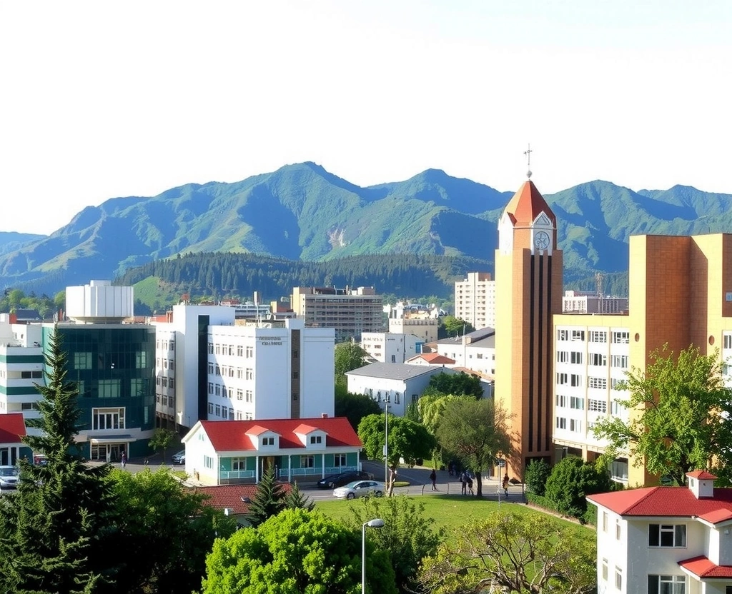 Baguio City skyline with modern buildings and mountains in the background